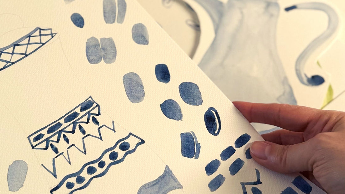 Dusty blue and sage green color palette for home textile design by Monor Design
