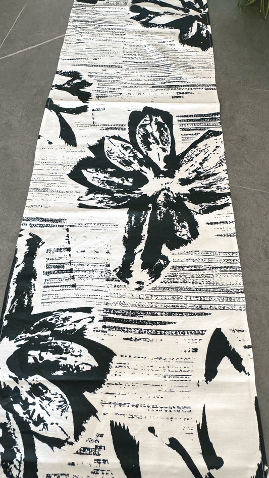 B&W Abstract Floral Linen Canvas Runner 200×34 cm
