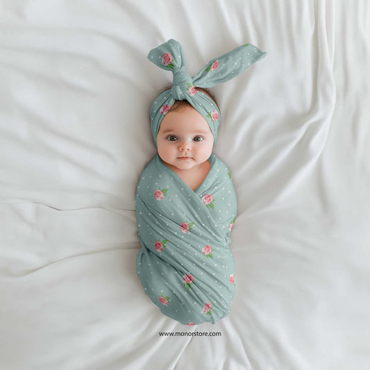 Sweet Blossom – Swaddle + Headband -Green