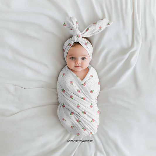 Sweet Blossom – Swaddle + Headband -White